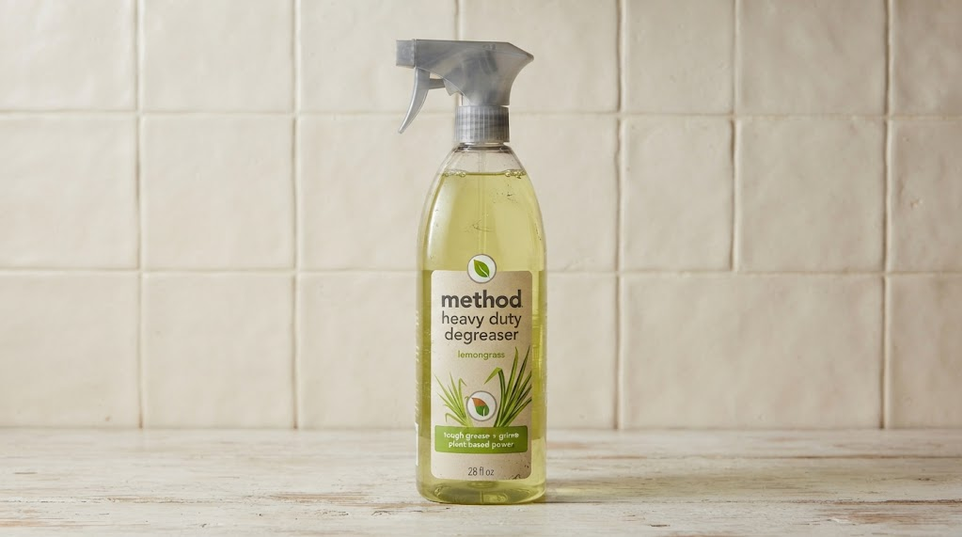 Method heavy duty degreaser lemongrass spray bottle on a kitchen surface