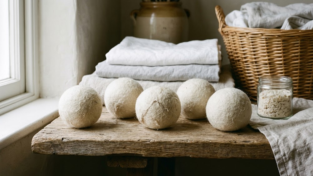 Six wool dryer balls on a linen surface, natural laundry alternative to dryer sheets